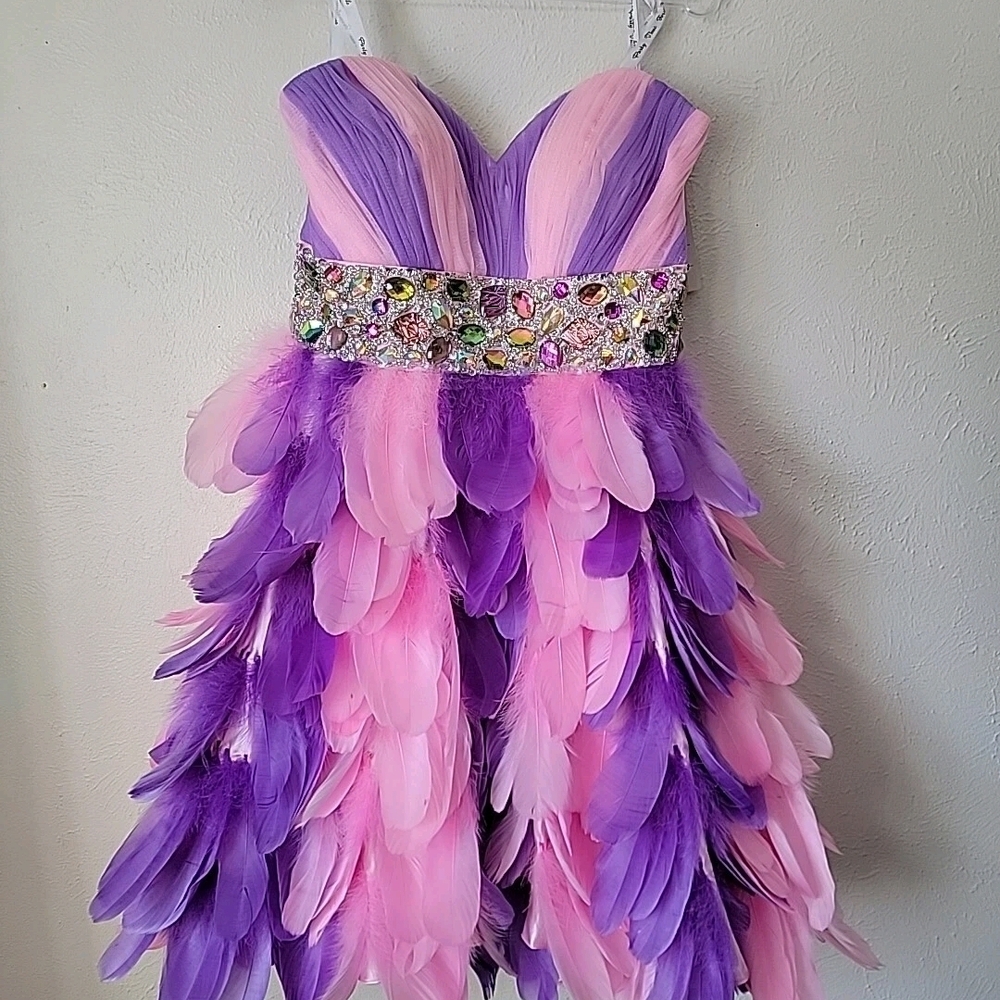 Party Time Formals Pink and Purple Feathered Prom Dress